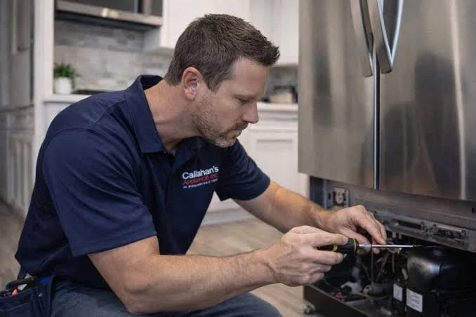 Technician servicing the lower components of a refrigerator